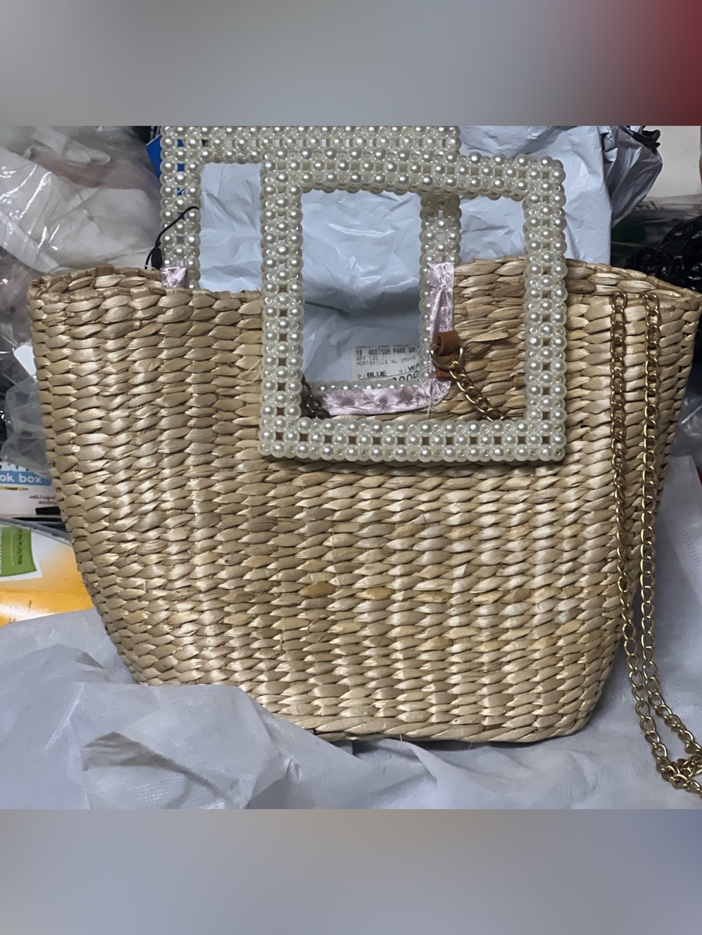 Women’s Pearl-Trim Straw Tote Bag - Natural